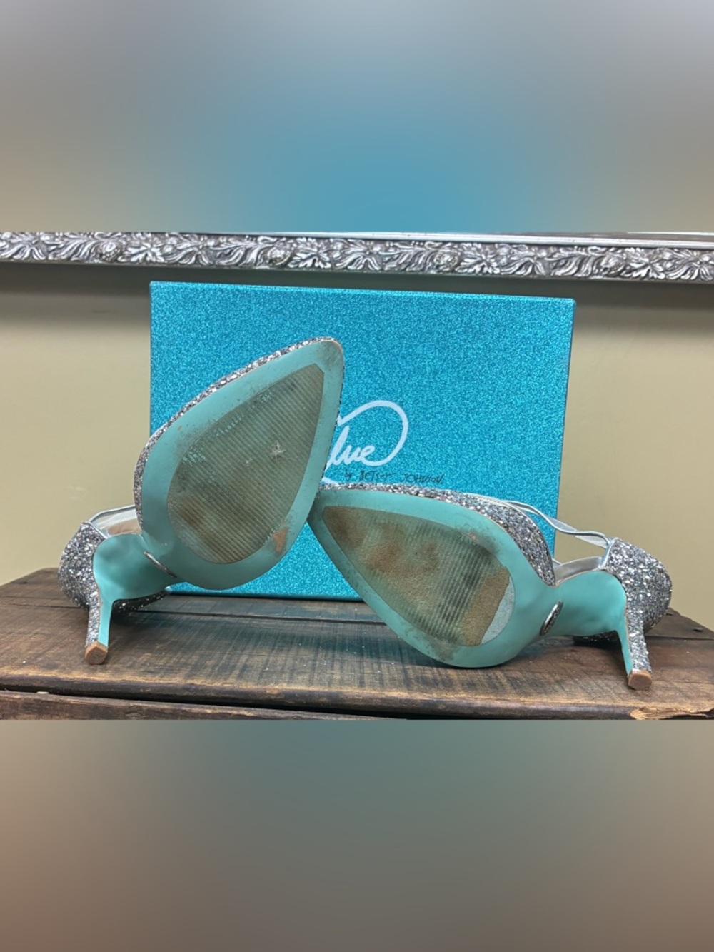 Betsey Johnson SB-Stela Silver Glitter Heels Size 7 Ankle Tie Mesh Pumps - Picture 4 of 7